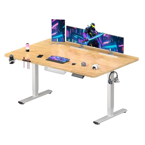 SANODESK 160x60cm Electric Standing Desk Height Adjustable Gaming Standing Desk with Hooks & Cupholder Sit Stand Desk with Organizer Home Office Desk with Memory Smart Pannel Splice Board