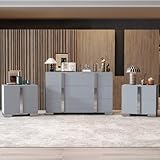 JIJIWANG 3-Pieces Sets,Elegant 6 Drawers Dresser and Two Nightstands,Storage Cabinet and Bedside Table with Metal Handles,for Bedroom and Living Room,Gray