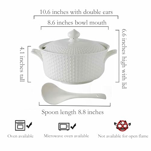 Ceramic Soup Tureen Set with Lid & Ladle - Oven-Safe for Baked Casseroles, Soups, and Stews - 2.5 L Large Volume (Honeycomb Pattern) - Thumbnail 3