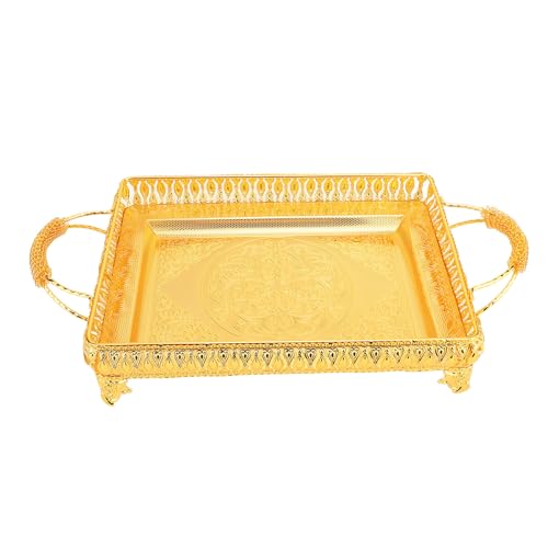 Tissting Vassoio di Servizio in Metallo Turco con Manici Vassoio Rettangolare oro Decorativo per Set di tè e Caffè Cucina Piatto da Pranzo Antico Nuziale 51x28x9,5cm/20.1x11x3.7in