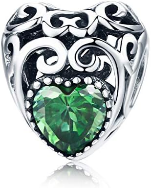 NINGAN Birthstone Openwork Heart Bead Charms 925 Sterling Silver Fits European Charm Bracelets Necklaces