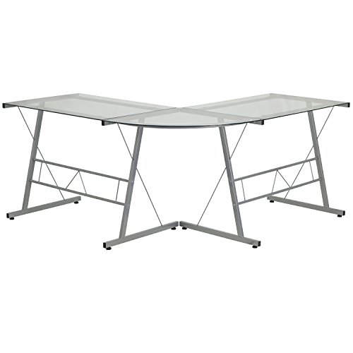Flash Furniture Glass L-Shape Computer Desk with Silver Metal Frame