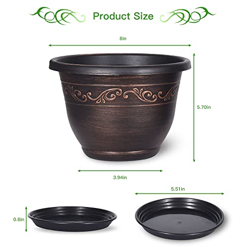 Plastic-Plant-Flower-Planters-8 Inch With Drainage Hole & Saucer, 6 Packs Lightweight Small Resin Flower Pot Indoor Outdoor, Retro Antique Imitation Decorative Garden Containers Sets For Houseplants #TOP1