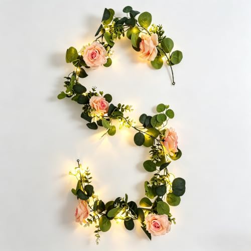 6FT Rose Eucalyptus Garland with LED Lights Artificial Silk Flower Vine for Fireplace Mantel Wedding Party Home Decor (Champagne Pink)