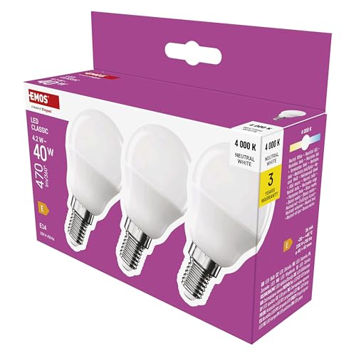 EMOS - LED Lampe Mini Globe 3er Pack - 4,2W Ersatz für 40W Glühbirne - kleine Birne mit E14 Sockel, Helligkeit 470 lm, Neutralweiß 4000 K - 30000 h Lebensdauer, CRI min. 80-150° Abstrahlwinkel