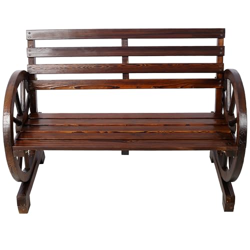 Image of 2 Person Wooden Wagon Wheel Bench for Backyard, Patio, Porch, Garden, Outdoor Lounge Furniture w,Rustic Country Design, Slatted Seat and Backrest Brown
