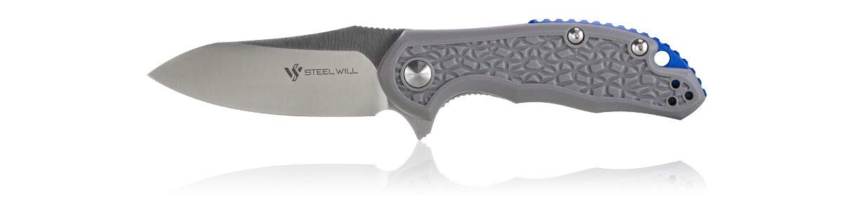 SWF25M-14 Modus F25M-14: 2.75" D2 Modified Drop Point Satin Folding Blade, Liner Lock, Grey FRN Handle, Blue Aluminum Spacer