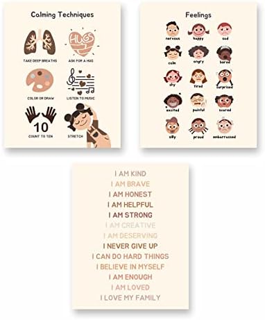 Set of 3 FRAMLESS 8”x10” Poster Wal Decor Art, Calming Techniques, Feelings, Counting Learning Chart For Kindergarten Classroom Prek Homeschool, Laminated Educational Supplies