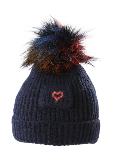 Screamer Kids Lovely Ribbed Cuffed Beanie with a Faux Fur Pom and Embroidered Heart - Navy