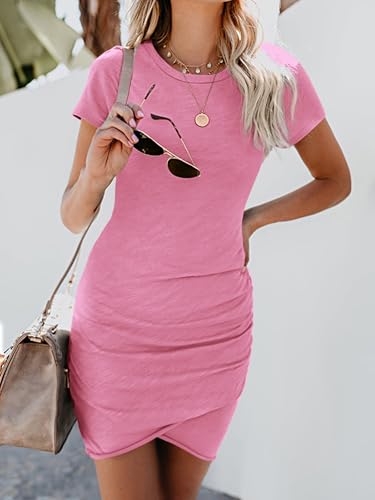 BTFBM Women’s Summer Dresses 2026 Casual Bodycon Mini Dress Short Sleeve Crew Neck Ruched Spring Beach Vacation Outfits(Light Red, Large) — view 2