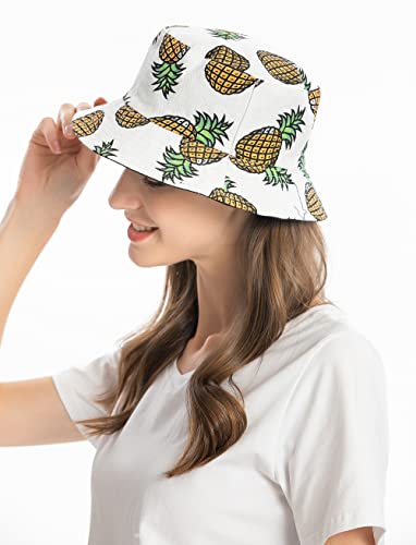 Zlyc Unisex Cute Print Bucket Hat Summer Travel Fisherman Cap For Women Men Teens (Pineapple White) #TOP1