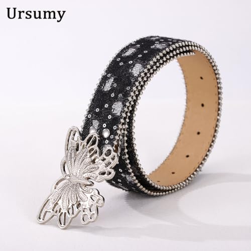 Image of Ursumy Women Denim Waist Belt Blue Jean Belt Butterfly Waist Belt Y2K Belt for Jeans Pants Ladies Cowgirls Cowboys Belt