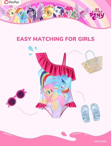 Image of My Litle Pony One Piece Swimsuit Pony Print Off-Shoulder Ruffle Summer Swimwear Beach Pool Kids, Pink, 2‑9 Years