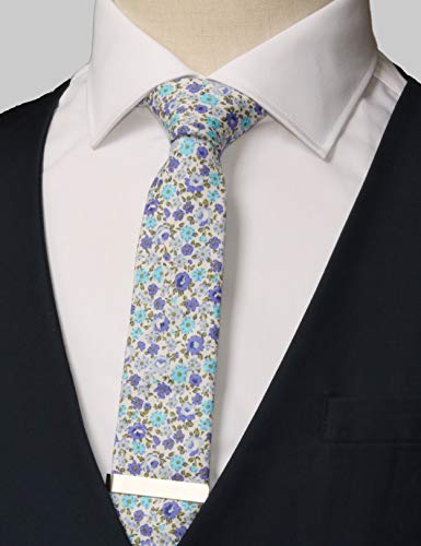 Image of Men's Skinny Tie Floral Cotton Necktie and Tie Bar Clip Sets, Great for Weddings,Groom,Groomsmen