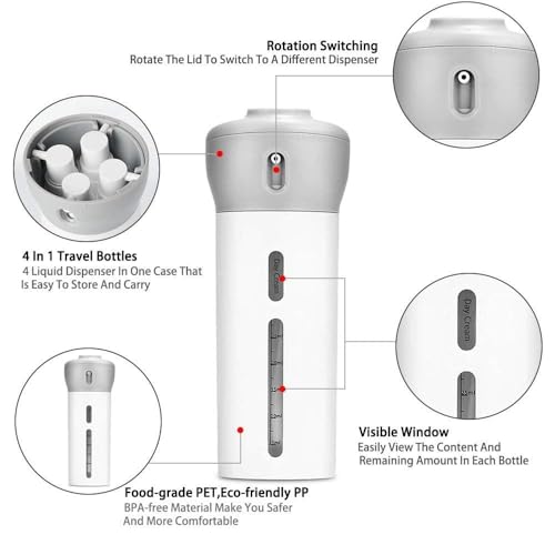 Image of Lazer 4 in 1 Travel Size Refillable Dispenser Bottle Set | PET Pump Leak-Proof Plastic Containers for Shampoo, Lotion, Cosmetic Liquids | Compact & Portable Travel Toiletries Storage Organizer