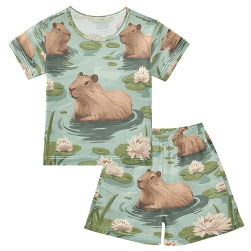 Pajama Sets Short Sleeve Swimming Capybara Pattern Soft Cotton Summer Sleepwear 2 Piece PJS Size 5-14T