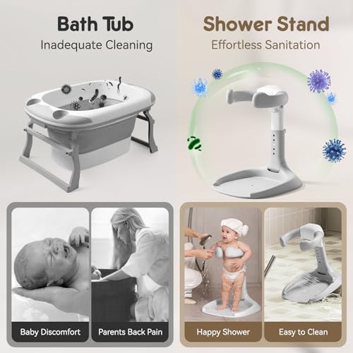Image of Adjustable Baby Shower Stand Bath Shower Standing Support Portable Bath Rack for Infants Toddlers 6-36 Months (Grey)