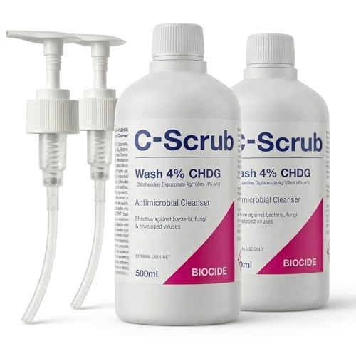 C-Scrub Wash Chlorhexidine 4% w/v - 2x500ml - Anti-Microbial Hand and Skin Cleanser with Pump Dispenser - Antibacterial Disinfectant Wash with Bergamot and Neroli Scent