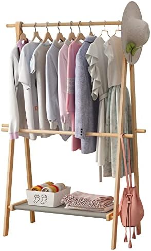 CLIKUUTORY Kids Garment Rack for Hanging Clothes, Baby Freestanding Clothing Rack with Storage Shelf & Hanging Rod, Stable Triangular Frame, 100% Natural Pine Wood, Dress up Rack（16"D x 40"W x 60"H）