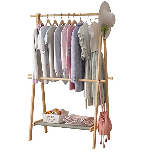 Clikuutory Kids Garment Rack For Hanging Clothes, Baby Freestanding Clothing Rack With Storage Shelf & Hanging Rod, Stable Triangular Frame, 100% Natural Pine Wood, Dress Up Rack（16"D X 40"W X 60"H） #TOP2