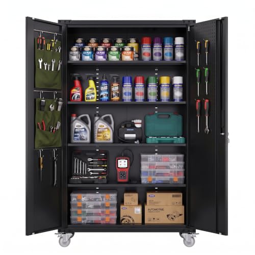 Aobabo Extra Large Garage Storage Cabinet on Wheels, Metal Storage Cabinet with 4 Shelves, 3 Pegboards and 2 Tool Pouches for Home Office Stash, Assembly Required, (Black,19.7" D x 43.3" W x 70.5" H)