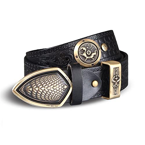 KEYESMINER Leather Belts for Men 3.8cm Handmade Pure Copper Feather Scale Shield Genuine Leather Strap Male Belts For Men Women Cowhide Vintage Buckle Belt (Color : Black, Size : 125cm)