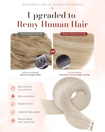 Image of Moresoo White Blonde Tape ins Extensions, 24 Inch, 20Pcs, 50g | Invisible tape ins extensions, remy straight hair, extra long length, add length, lightweight wear, party and wedding style