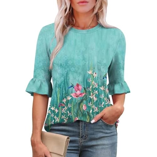 Rapbin Womens 3/4 Length Sleeve Tops Loose Fit Casual Crew Neck Shirts Ruffle Tunic Blouses Light Floral Teal X-Large