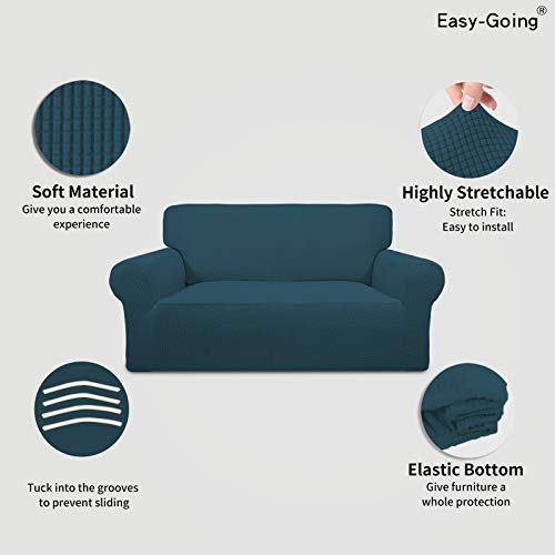 Image of Easy-Going Stretch Loveseat Slipcover 1-Piece Sofa Cover Furniture Protector Couch Soft with Elastic Bottom for Kids Polyester Spandex Jacquard Fabric Small Checks (Loveseat, Deep Teal)