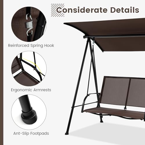 Image of HAPPYGRILL 2-Person Patio Swing with Canopy, Heavy-Duty Metal Frame, Breathable Seat Fabric, Outdoor Loveseat Swing for Backyard, Balcony, Poolside