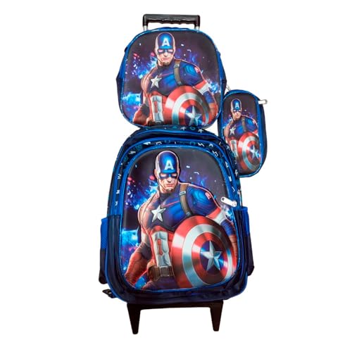 Kit Mochila Capitão América em 3D Alto Relevo com Rodinhas Infantil + Lancheira Térmica + Estojo Escolar