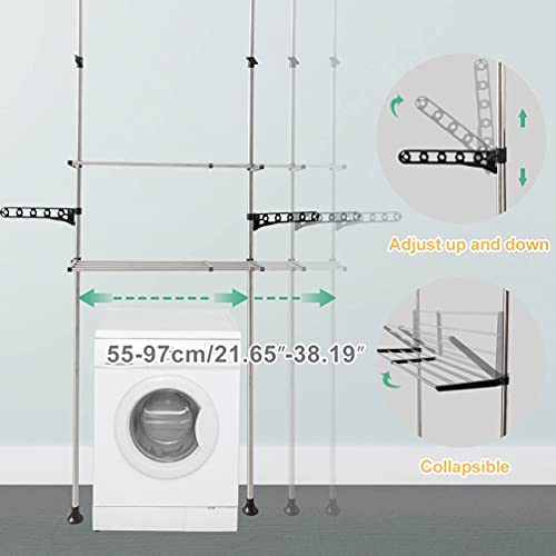 BAOYOUNI 2-Tier Adjustable Laundry Shelf Over The Toilet Washing Machine Storage Rack Tension Pole Bathroom Space Saver Organizer with Clothes Towels Hanger Hook, Black by Baoyouni - Image 6