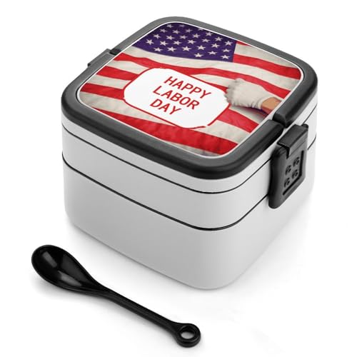 FZQVSGPT Double Layer Bento Lunch Box with Spoon And Handle Stackable Lunch Box Happy Labor Day Printed Bento Box Adult Lunch Box for Work Picnics And Travel