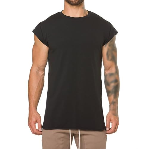 Men's Heavyweight Sleeveless Muscle T-Shirts Male Cut Off Muscle Sleeveless Shirt Crew-Neck Tank Tops for Men, Black, M