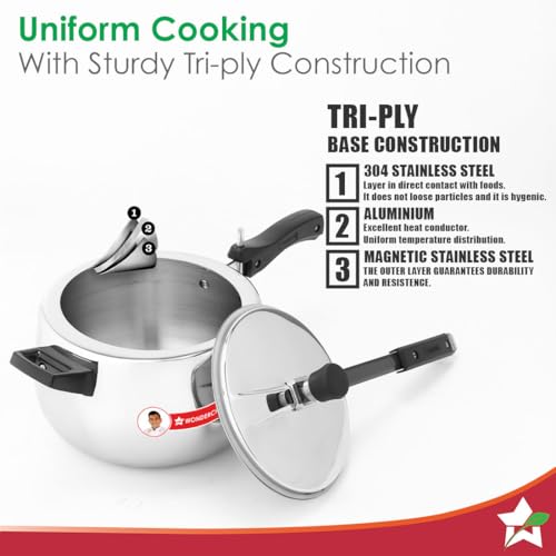 Image of Wonderchef Nigella Triply Stainless Steel Pressure Cooker 3L, Inner Lid, Gas, Induction Compatible & Ceramic Cooktop, ISI Certified, Contour Collection, Uniform Heating, 5-Year Warranty
