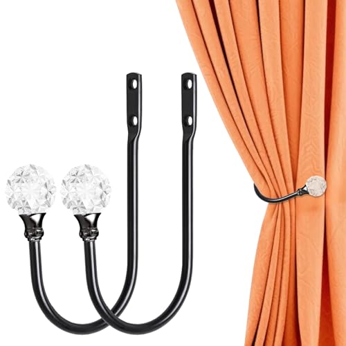 Image of 2PCS Black Curtain Tie Backs with Hooks, Heavy Duty U Style Metal Curtain Holdbacks with Crystal Ball, Wall Mounted Black Tie Backs for Curtains for Fixed Curtain or Hanging Items