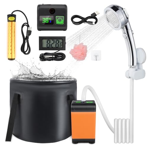 FIRINER Ducha portátil de camping, kit de ducha recargable para exteriores de 7800 mAh con calentador, pantalla LED inteligente, impermeable IPX8, ducha portátil para camping, al aire libre, viajes