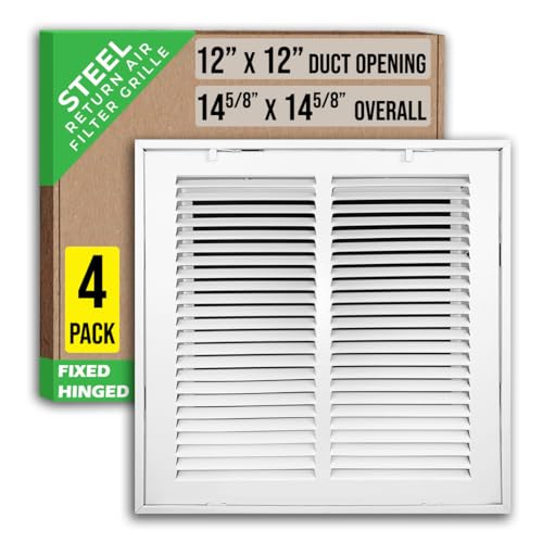 [4 Pack] Fits 12x12 Duct Opening | Steel Return Air Filter Grille by Handua [Fixed Hinged] | Vent Cover Grill for Sidewall and Ceiling | White | Outer Dimensions: 14 5/8"W X 14 5/8"H