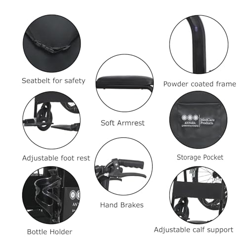 Image of Antara AGEasy (Max Group) Foldable Wheelchair for Old people, Adults & Patients | Extra Wide Seat, Spoke Wheels, Hand Brakes & Bottle Holder | Sturdy Frame, Lightweight, Adjustable Footrest and Seatbelt for Safety (WheelEasy Pro - Black)