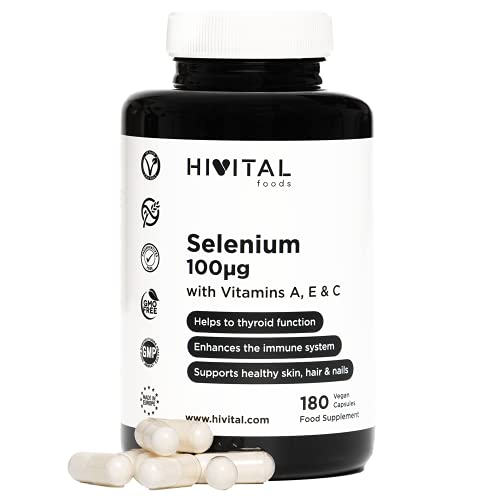 Selenio 100 mcg. 180 cápsulas veganas para 6 meses de tratamiento. L-Selenometionina activa de alta biodisponibilidad con Vitaminas A, E y C. Libre de Levaduras. Fabricado en España por HIVITAL