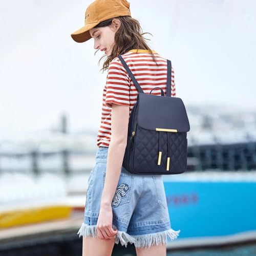 Image of KKXIU Quilted Trendy Leather Backpack Purse for Women and Ladies Shoulder Travel Daypacks Bags (Navy)