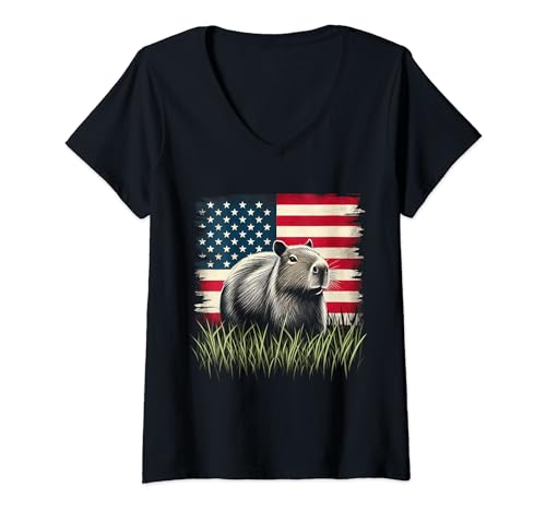 Womens Cute Capybara Animal American Flag 4th of July V-Neck T-Shirt