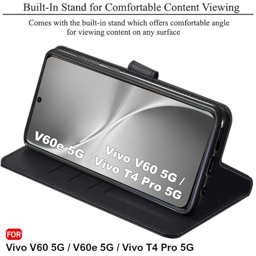 Image of TheGiftKart Genuine Leather Finish Flip Back Cover Case for Vivo V60 5G / V60e 5G / Vivo T4 Pro 5G | Inbuilt Pockets & Stand | Wallet Style | Designer Button Magnet Flip Cover (Faux Leather, Black)