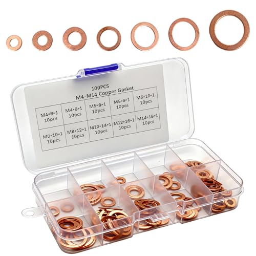 YFaith 100 Stück Kupferringe Sortiment Kupfer Ölablassschraube Dichtung Kupferdichtringe Sortiment M4/M5/M6/M8/M10/M12/M14 Unterlegscheiben Set für Ablassschraube Kraftstoffzubehör