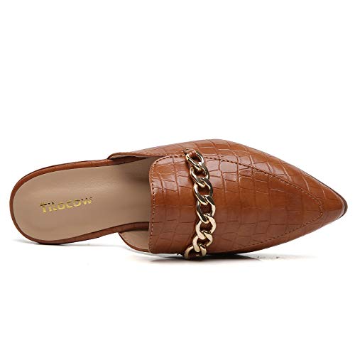 Tilocow Pointed Toe Mules For Women Fashion Brown/Cognac Buckle Flat Mules And Slides Slip On Shoes Ladies Metal Chain Decor Loafers, Medium, Size 8.5 #TOP4