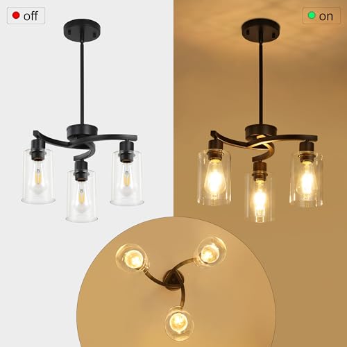 Syltherra 3 Light Modern Dining Chandeliers Over Table,Black Light Fixture for Dining Room,Farmhouse Chandelier with Glass Shade,Industrial Pendant Lights Kitchen Island,Foyer,Hallway, Bedroom