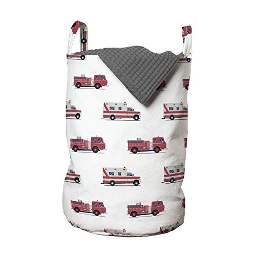 Image of Lunarable Truck Laundry Bag, Pattern of The Engines and Security Safety and Rescue Vehicles Artwork, Hamper Basket with Handles Drawstring Closure for Laundromats, 13" x 19", Ruby