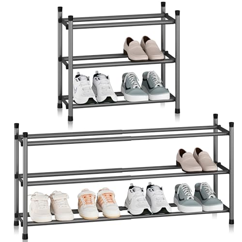 STORAGE MANIAC Expandable Shoe Rack, 12 Pairs Stackable Small Shoe Rack, Metal Adjustable Shoes Organizer for Closet, Entryway, Hallway, Garage, Front Door, Shoes Shelves, Black 3 Tier