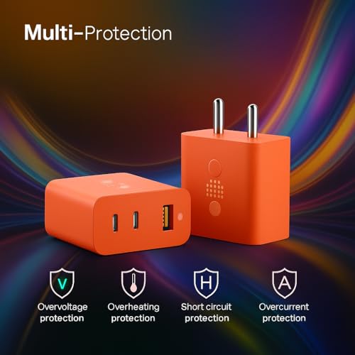 Image of CMF Original 65W GaN Trio Fast Charger Adapter | 3-Port USB-C & USB-A Wall Charging Adaptor | Compatible with CMF Phone 1 /2 /2 Pro /2A /3 & Galaxy S25+ /S25 /S24 Ultra /S24+ /S24- Orange