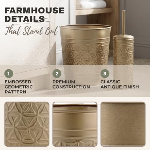 Image of Autumn Alley Farmhouse Antique Gold Bathroom Accessories Set - Includes Gold Bathroom Trash Can & Toilet Brush with Holder, Handcrafted Modern Waste Bin & Standing Toilet Brush, Embossed Metal Decor